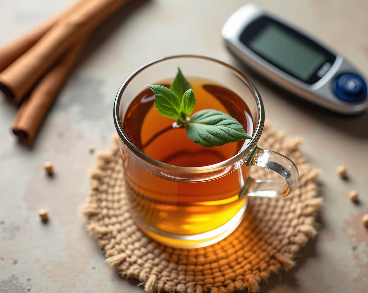 Cinnamon tea on a jute coaster with a glucose tester in the background.
