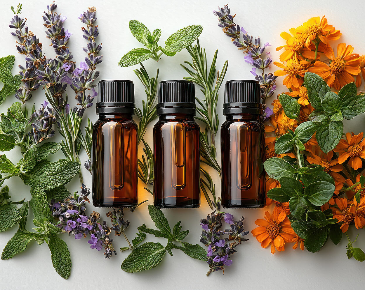 Herbal extracts in amber vials lying on herbs.
