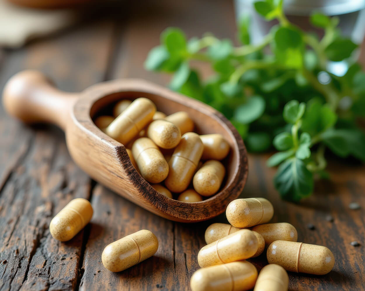Vitamin capsules pouring out of a wooden spoon onto a table.