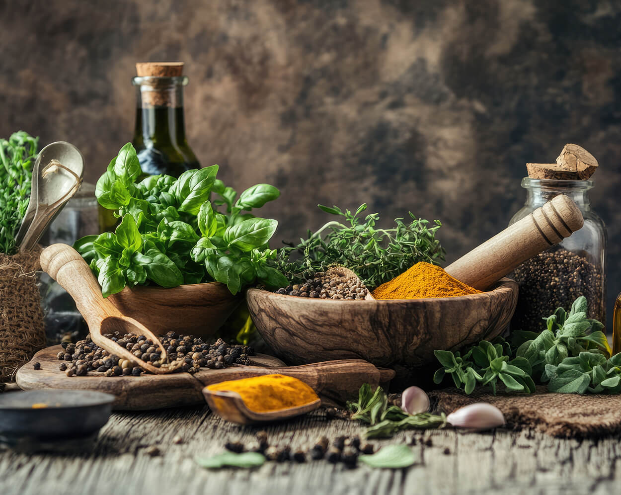 Herbs and spices in organic bowls and plates on a wooden table.