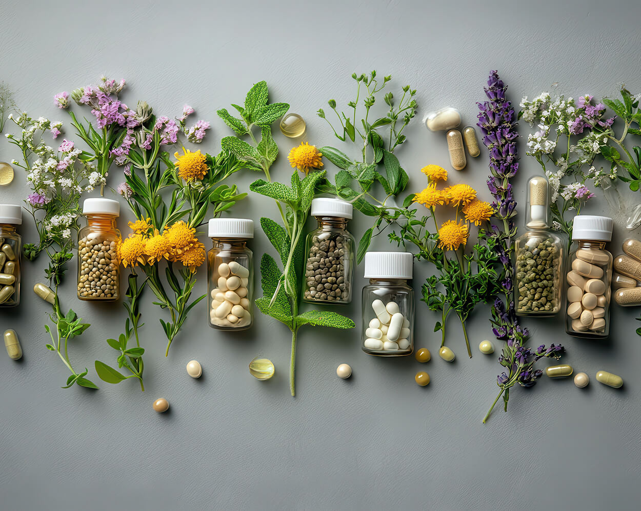 Herbs and clear vitamin bottles on a grey surface.