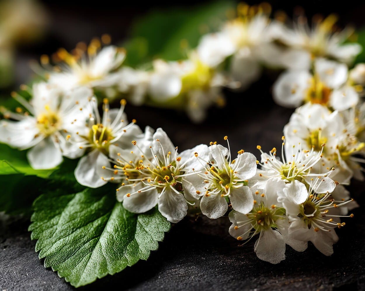 Close up of small white flowers arranged in a heart shape.