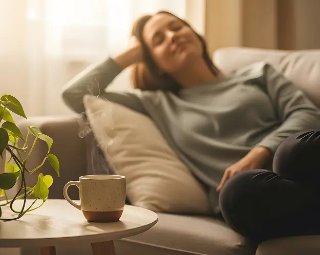 Woman relaxing with tea made with herbs traditionally used to support the nervous system